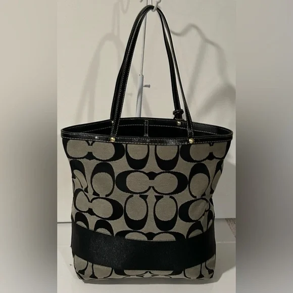 Coach Signature Black Gray Canvas Leather structured logo Shoulder Bag - Picture 12 of 16